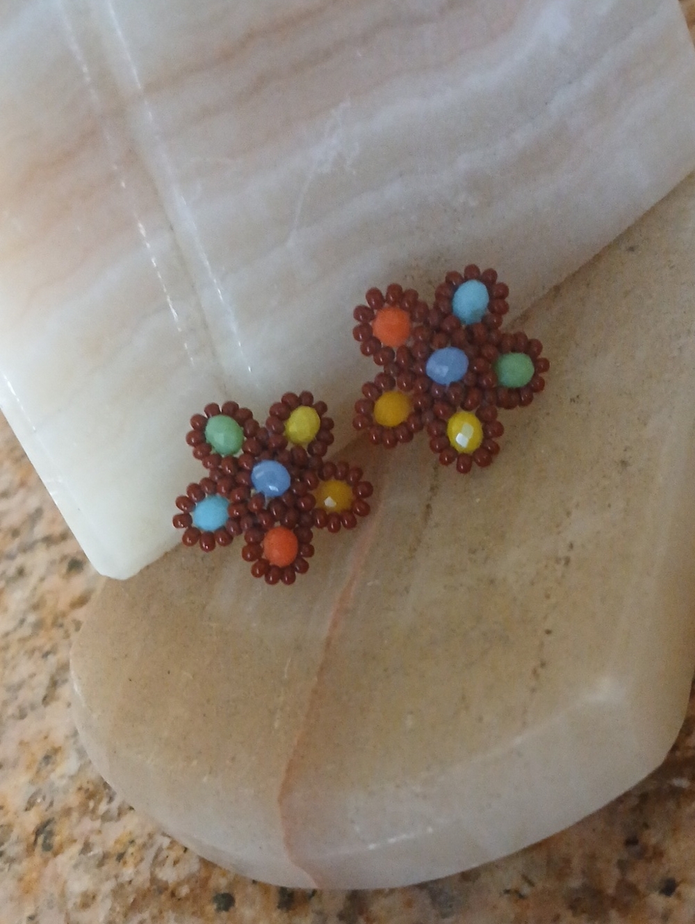 Handmade Brown Beaded Flower Stud Earrings with Multicolor Centers